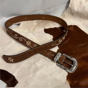 Elegant Brown Embroidered Belt with Silver Buckle